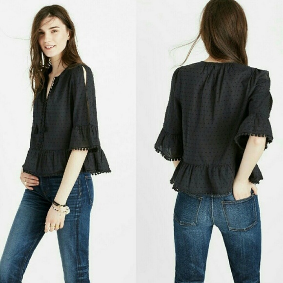 Madewell Tops - Madewell Peekaboo Pom Black Split Neck Top Size XS
